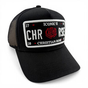 Christian Rose Iconic II London Plate Red Trucker Mesh Back Adjustable Hat Cap